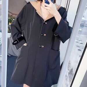 Vintage Oversized Hooded Jacket: Black & Mustard Lightweight Coat (XL)